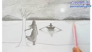 painting-009 - آموزش طراحی منظره برکه و قایق روی آب با مداد سیاه