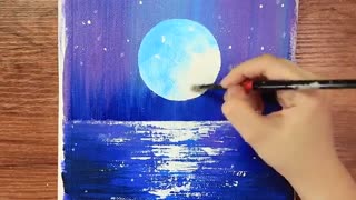 آموزش گام به گام نقاشی روی بوم منظره ی شب و ماه