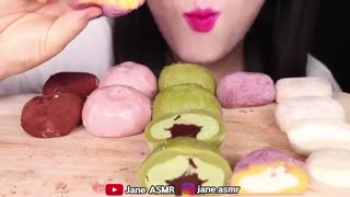 ASMR STRAWBERRY, GREEN TEA, CHOCOLATE, SWEET POTATO, MILK RICE CAKE  EATING SOUNDS