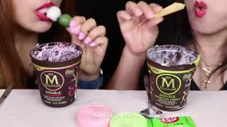 ASMR RACE! PINK VS GREEN MAGNUM ICE CREAM PINTS, DANGO (MOCHI), KITKAT, CHOCOLATE CONES, MONAKA