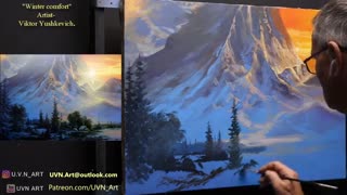 منظره غروب زمستان در کوهستان برفی