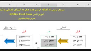آموزش اکسل - سریع ترین روش اضافه کردن عدد صفر به ابتدای کدملی و شماره موبایل